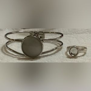 Moonstone: white moonstone hinged silver toned/costume bracelet and ring duo/set